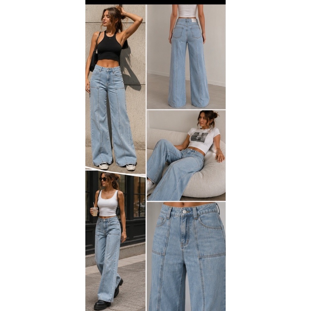 Cider Patchwork Seam Wide Leg Jeans Women's Small Light Wash Y2K Flare 90s